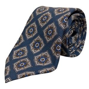 Cremieux Mens Necktie Blue Brown Silk Geometric Medallion Made in Italy Formal